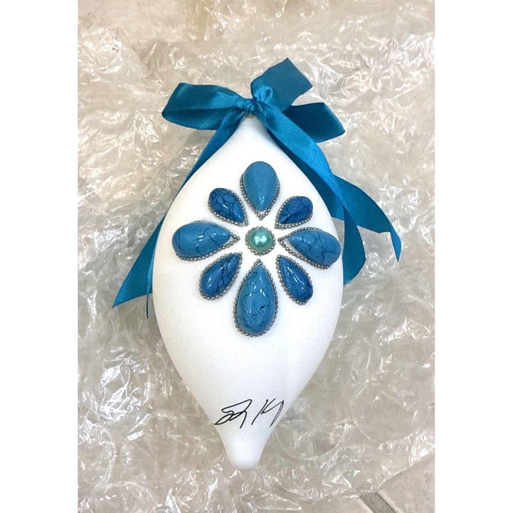 Handmade 2010 Turquoise Stone Flower White Ceramic Teardrop Ornament Blue Ribbon